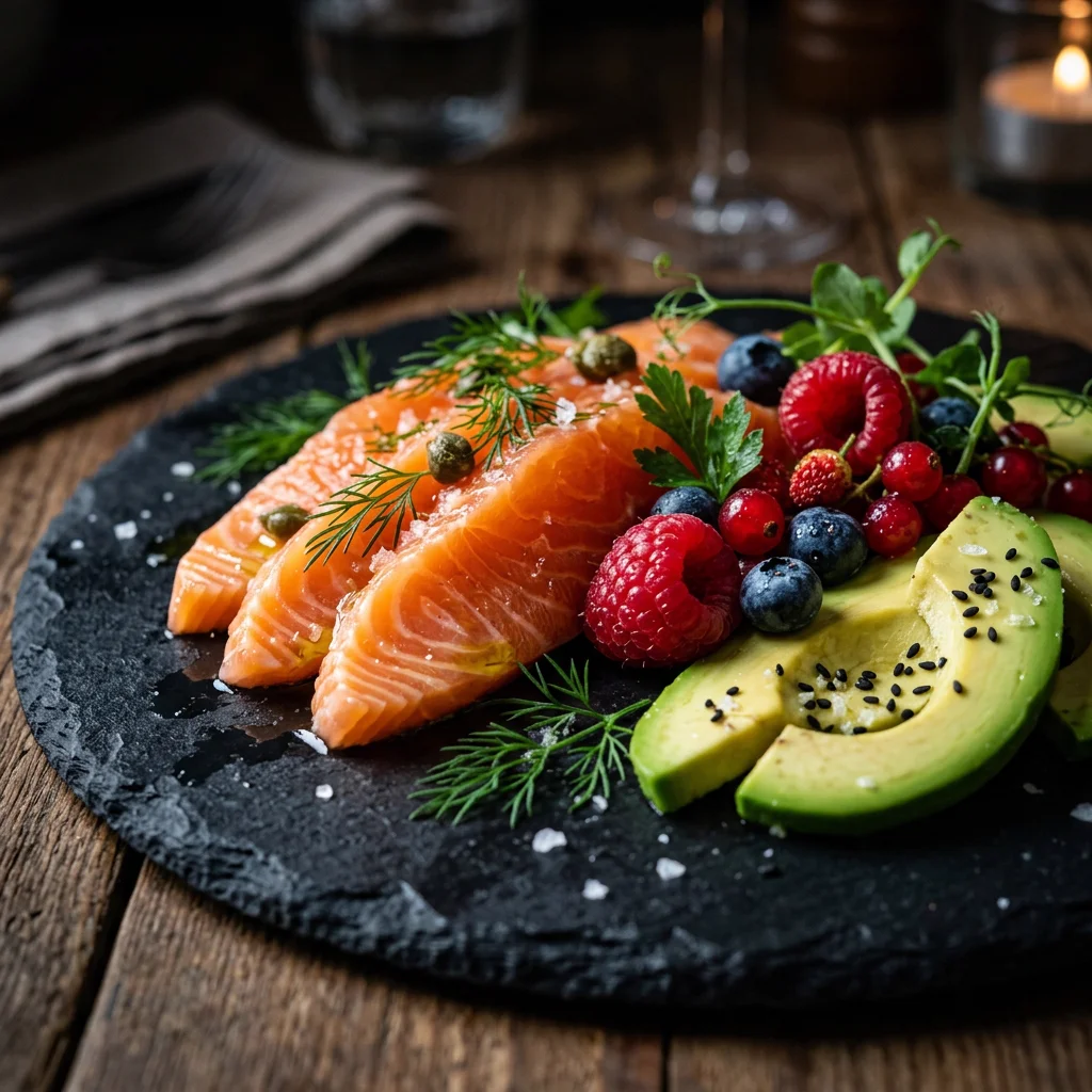 Plato con salmón, aguacate y frutos rojos