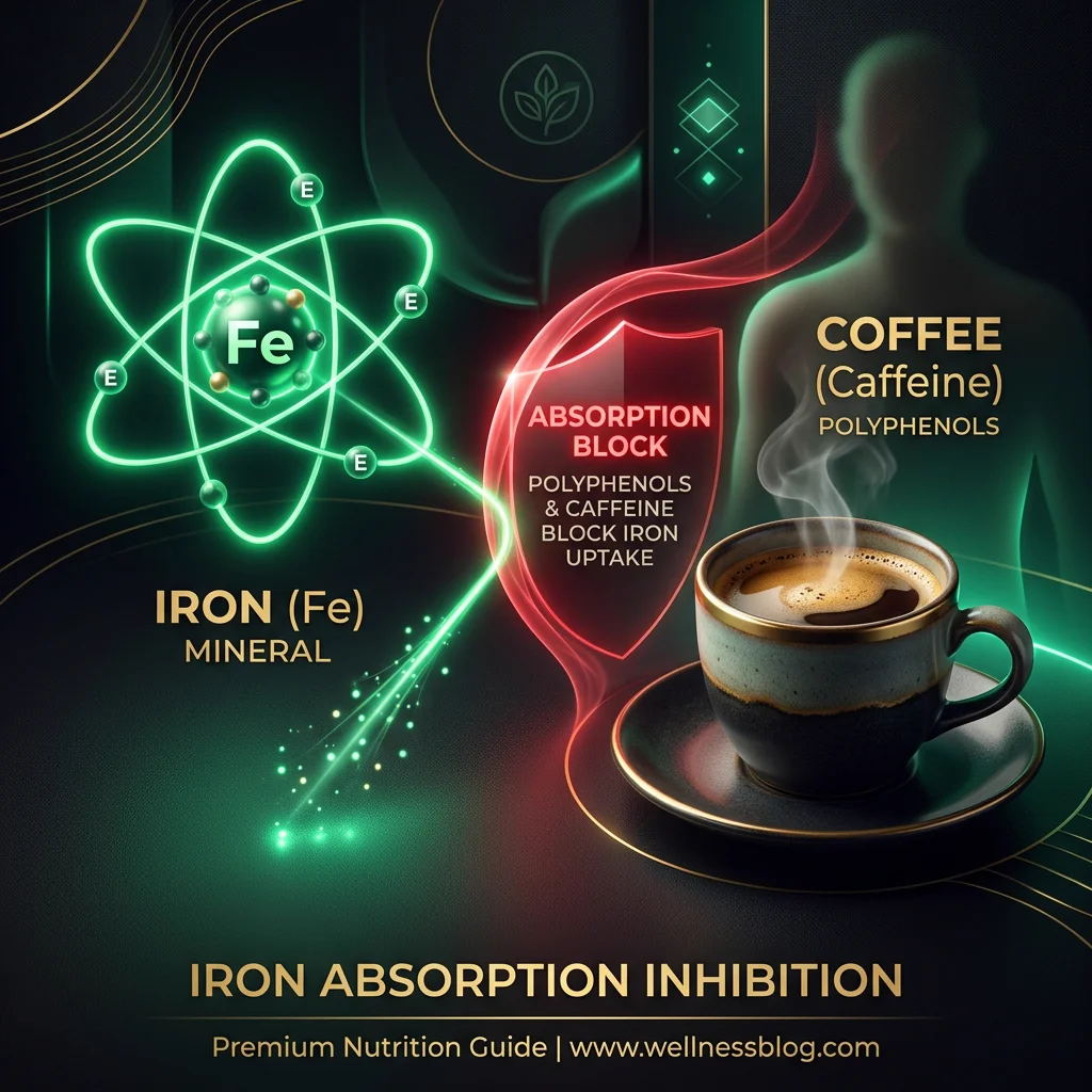 Infografía del bloqueo de absorción de hierro por los taninos del café