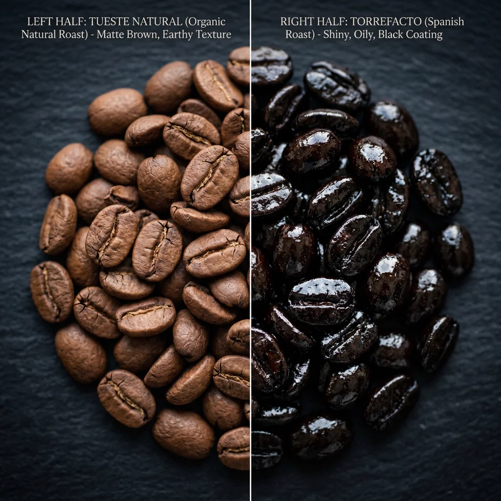 Café de tueste natural versus café torrefacto brillante por el azúcar quemado