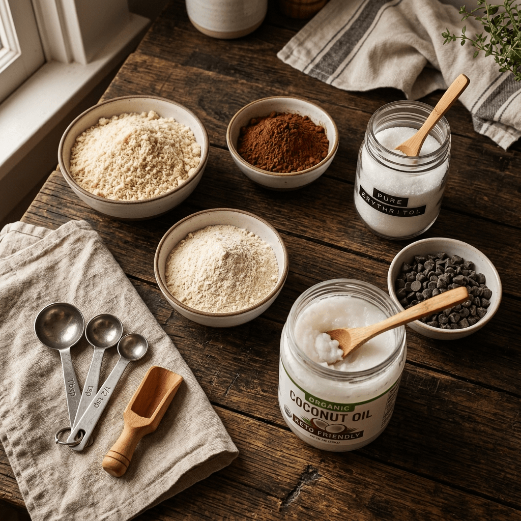 Ingredientes de repostería keto harina de almendra eritritol cacao