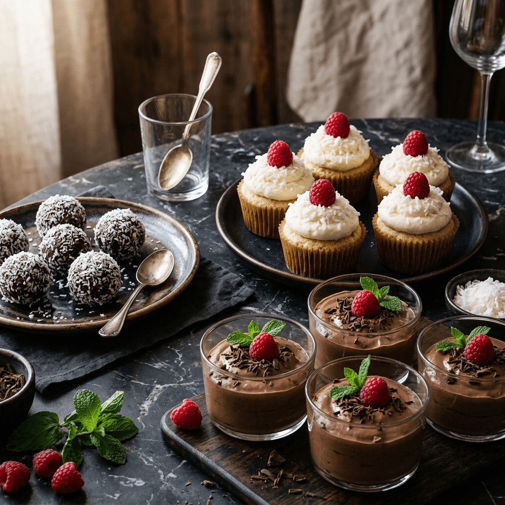 Surtido de postres keto sin azúcar brownies cupcakes trufas