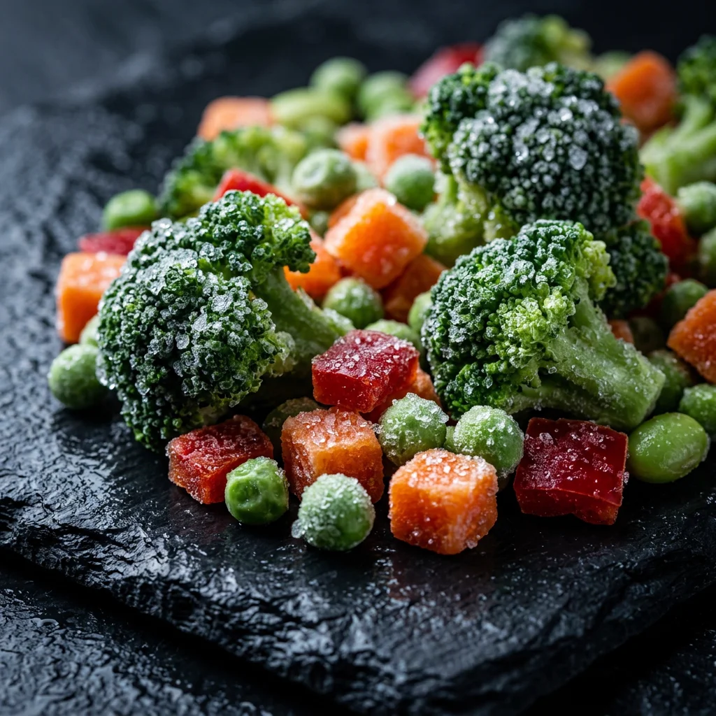 Verduras ultracongeladas con pequeños cristales de hielo conservando su frescura