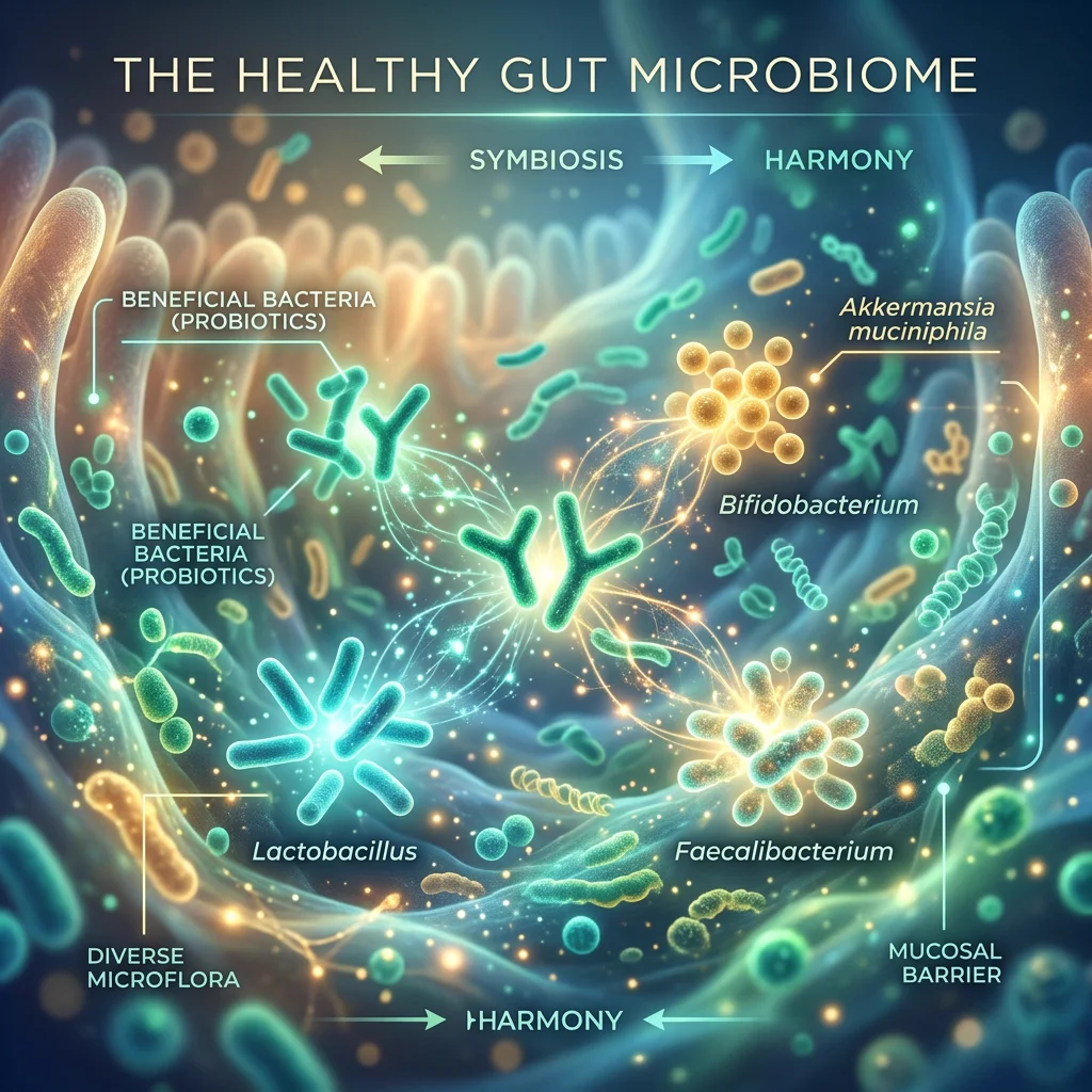 Microbiota intestinal saludable representada con bacterias benéficas ilustradas