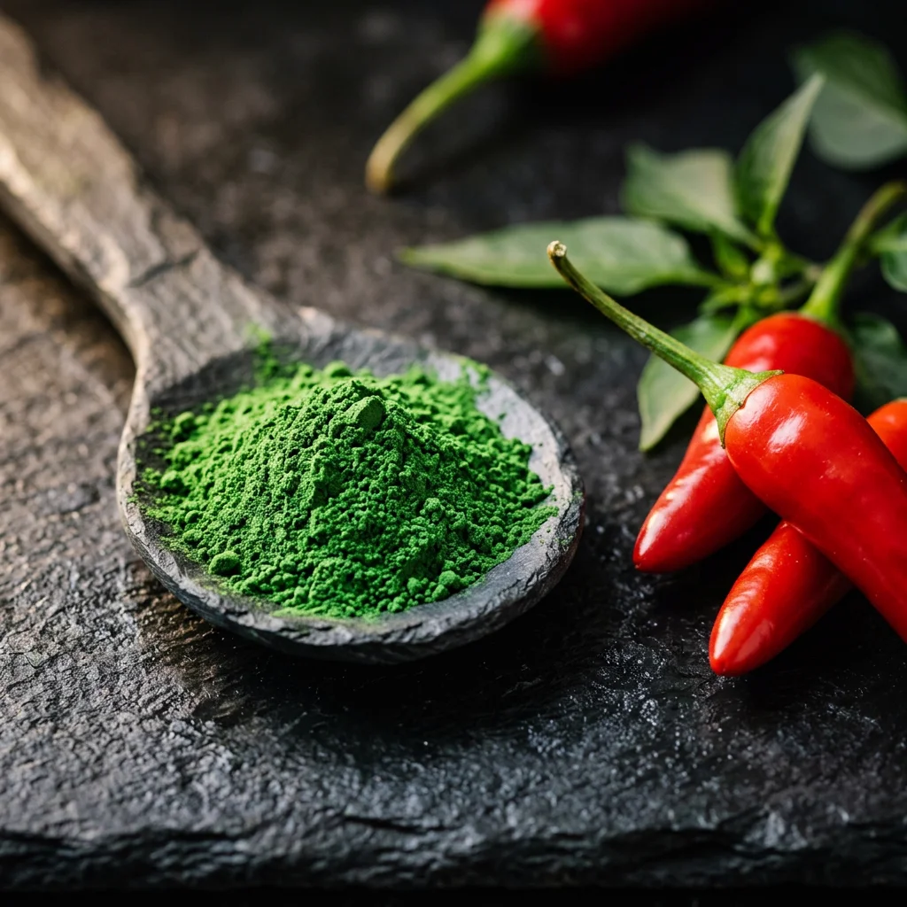 Polvo de espirulina y pimientos rojos