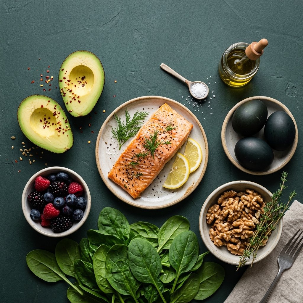 Selección de alimentos saludables para revertir la resistencia a la insulina: aguacate, salmón, huevos y bayas