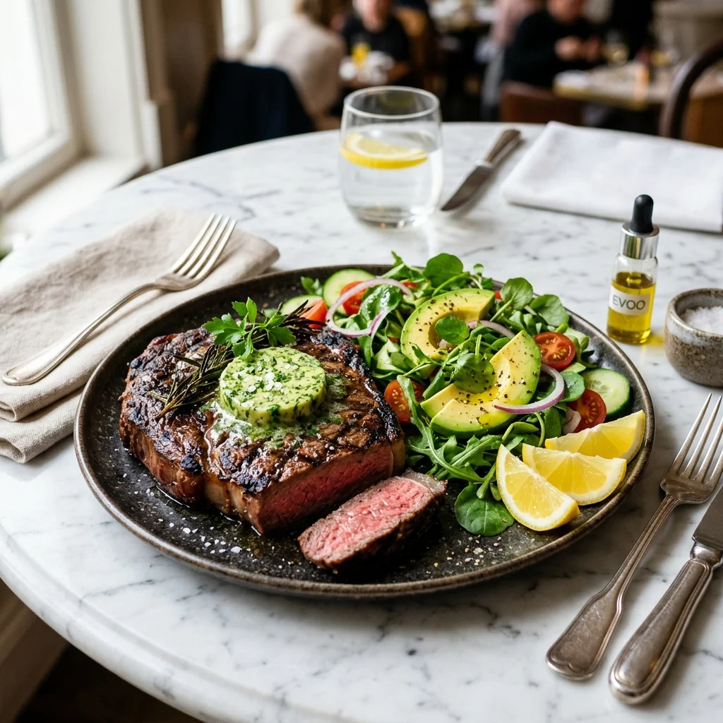 Plato de carne con verduras salteadas y aguacate en un restaurante