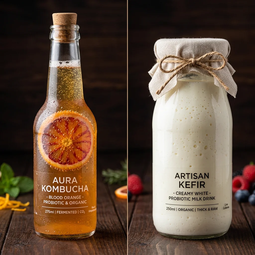 Comparativa de Kombucha burbujeante y Kéfir de leche cremoso