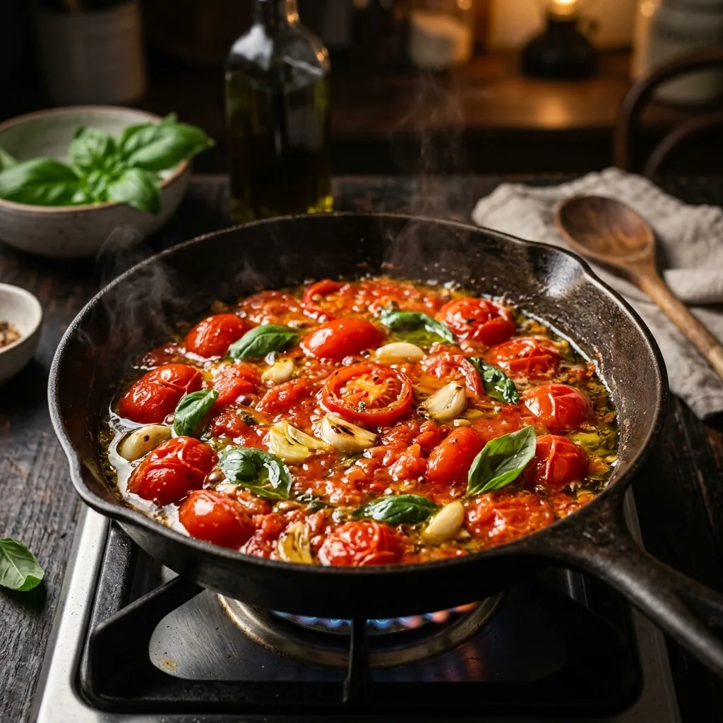 Tomates maduros cocinados con aceite de oliva virgen extra para potenciar la absorción de licopeno