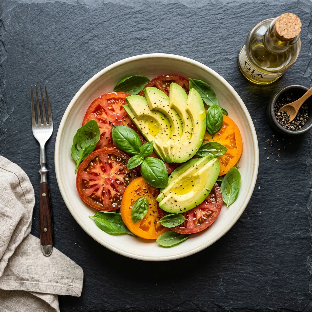 Receta de ensalada mediterránea saludable con tomates maduros y aguacate